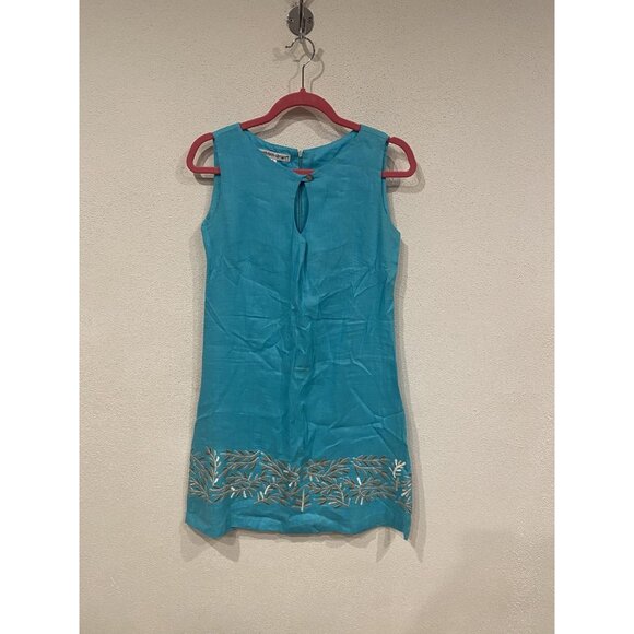 Barbara Gerwit Shift Dress Womens Small Turquoise Embroidered Hem Sleeveless - Picture 2 of 4